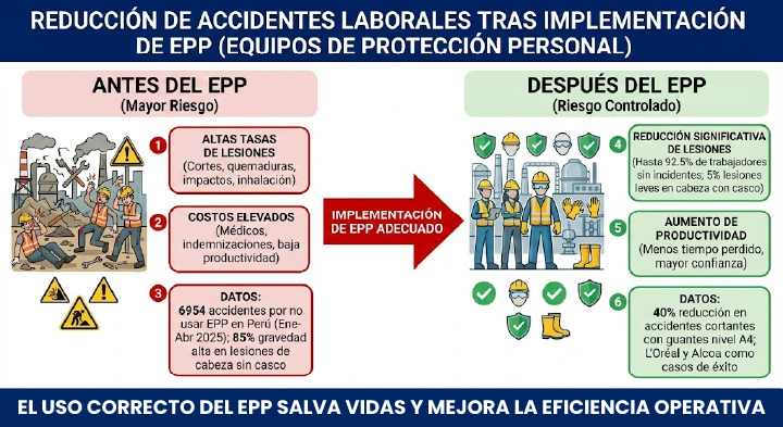 Infografía de reducción de accidentes laborales tras implementar EPP